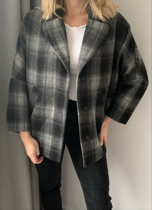 Wełniana kurtka okrycie wierzchnie w kratę blezer S M L XL oversize
