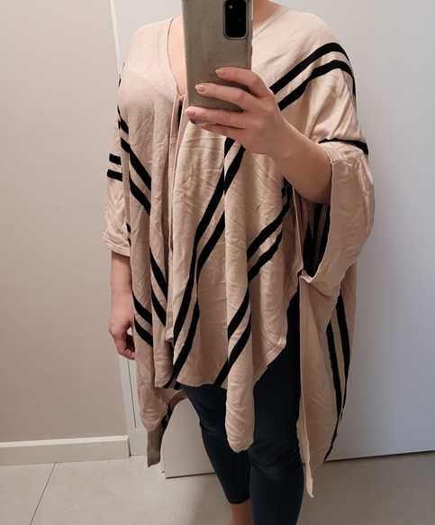 Beżowe, w czarne, pionowe paski ponczo / poncho, H&M, uniwersalny