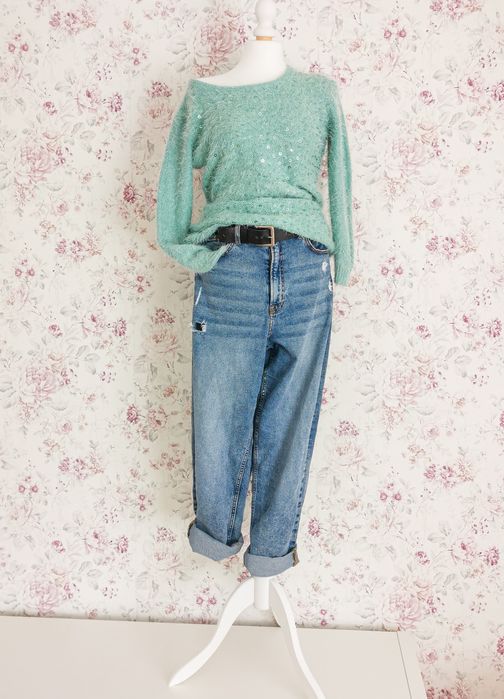 Miętowy turkusowy sweter z cekinami, QUIZ, M/38, futrzany miękki puszy