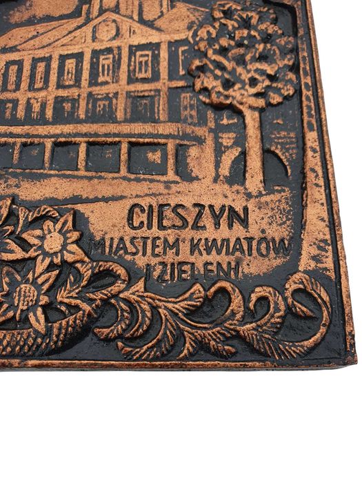 Stary obraz żeliwo płaskorzeźba Cieszyn lata 60 unikat kolekcjonerski