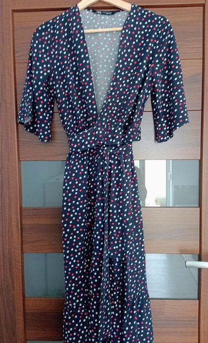 Zara sukienka XS 34 granatowa kropki wiskoza dluga