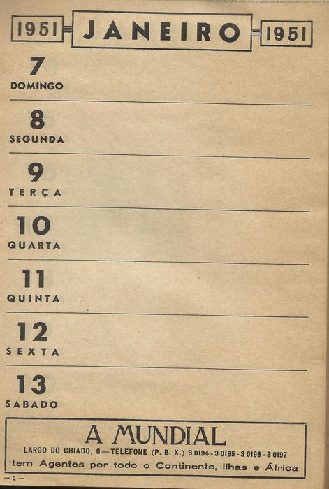 Calendário antigo 1951 - Companhia de Seguros A MUNDIAL