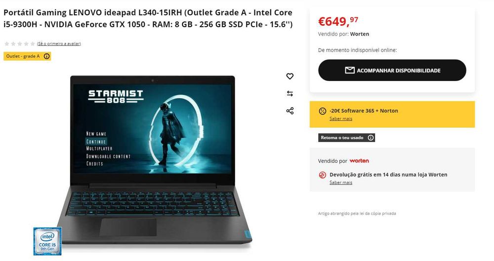 LENOVO ideapad L340-15IRH | GeForce GTX 1050 | i5-9300H | 8GB | 256GB