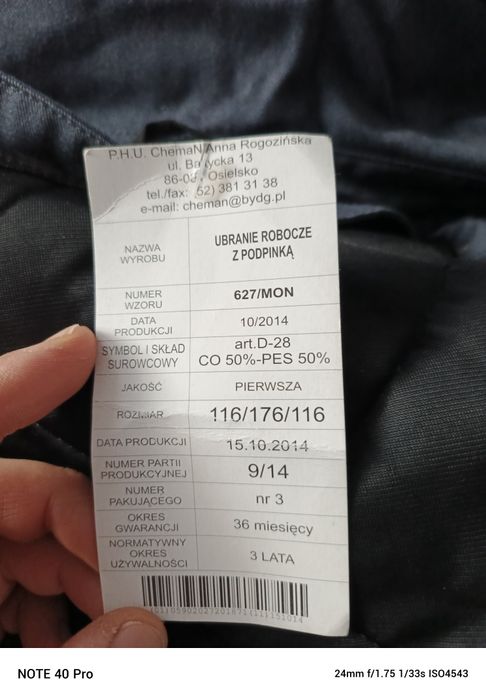 Ubranie robocze z podpinka zimowe 116/176/116