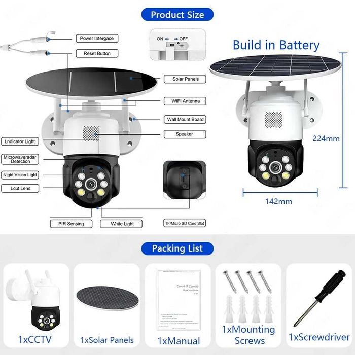 Camera PTZ com painel Solar 4G IP68 Autônoma Segurança Sem Fios