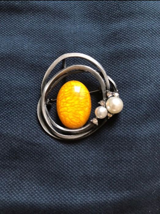 Broszka przypinka wyjątkowa nowa! Bursztyn i perły