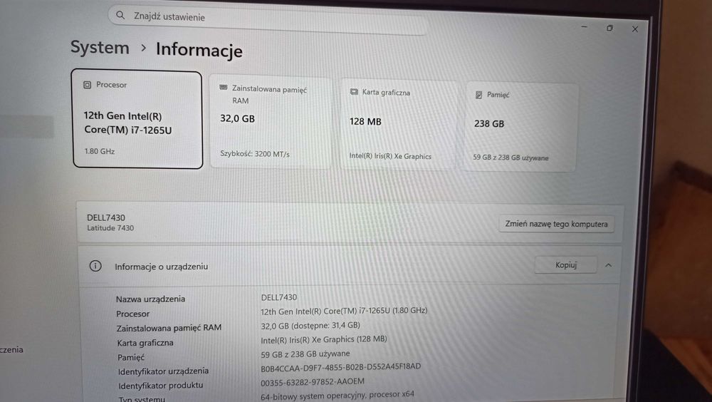 Dell Latitude 7430 i7-1265U, RAM 32GB, 256GB SSD, Win11 Pro