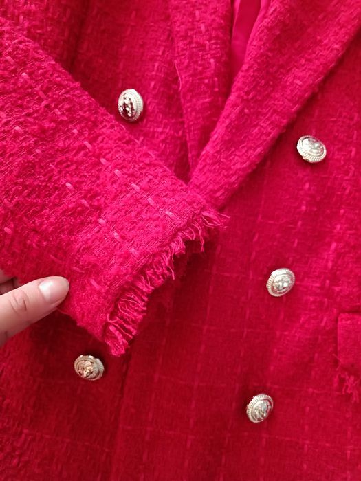Czerwona tweedowa marynarka długi rękaw elegancka mohito 36 S