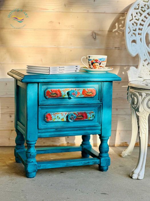 Ręcznie malowana szafka z kwiatami, nocna, piękne gałki,szybka wysyłka