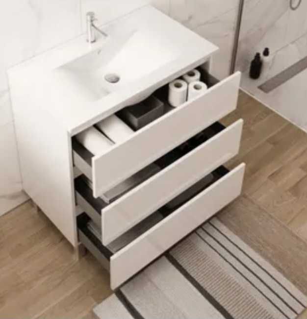 móvel branco 80cm  com 3 gavetas sem lavatorio e torneira