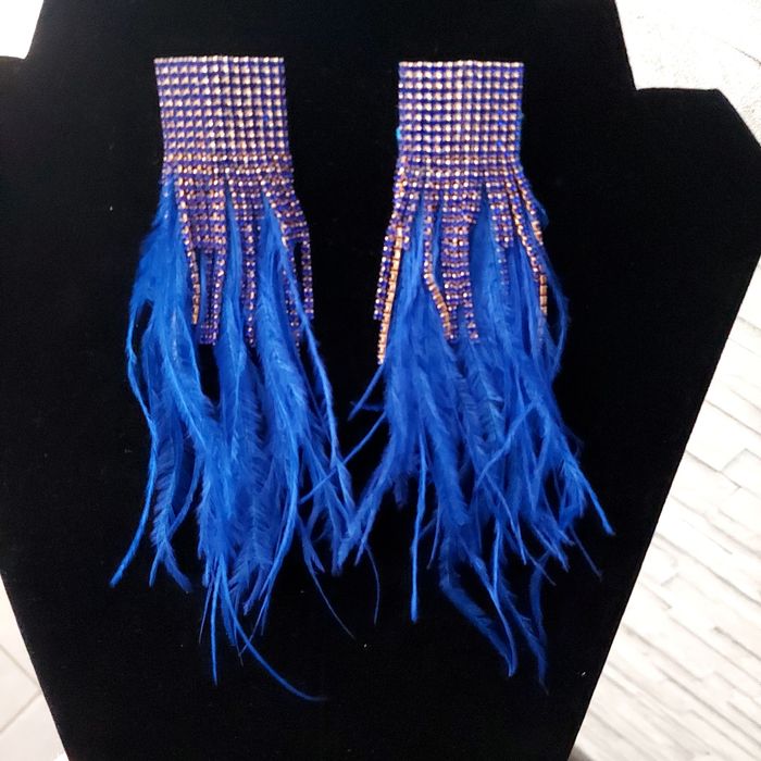 Kolczyki chabrowe długie pióra cyrkonie