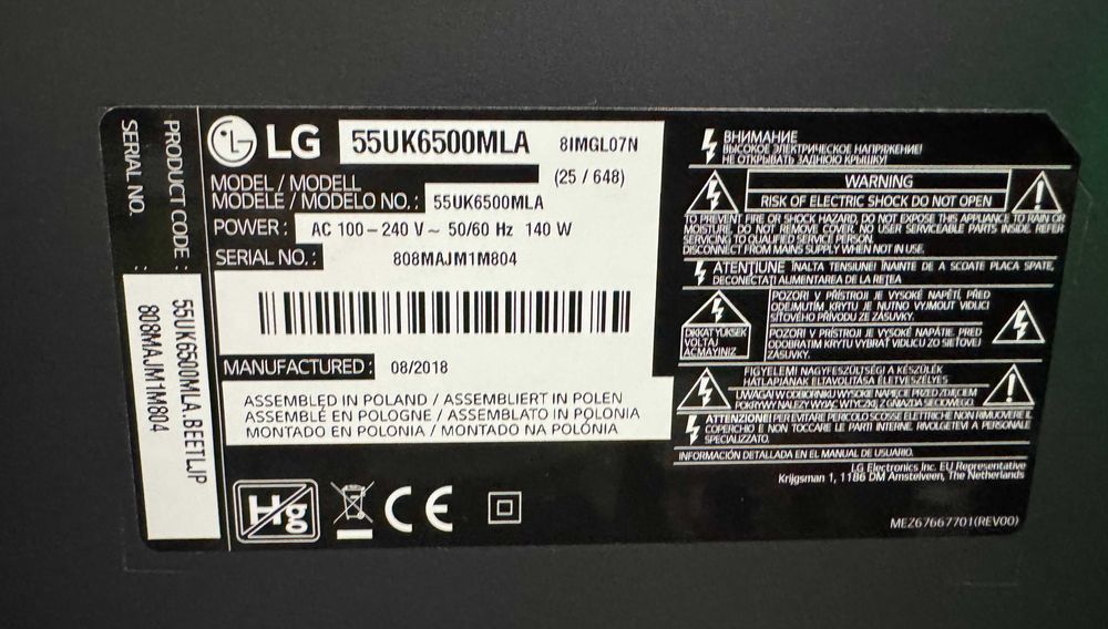 Telewizor LG 55UK6500MLA Smart-Tv UHD HDR 4K DVB-T2 + Pilot