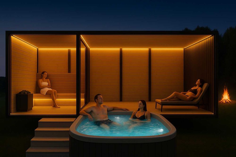 Mobilna sauna z jacuzzi piecem schodki balia basen transport