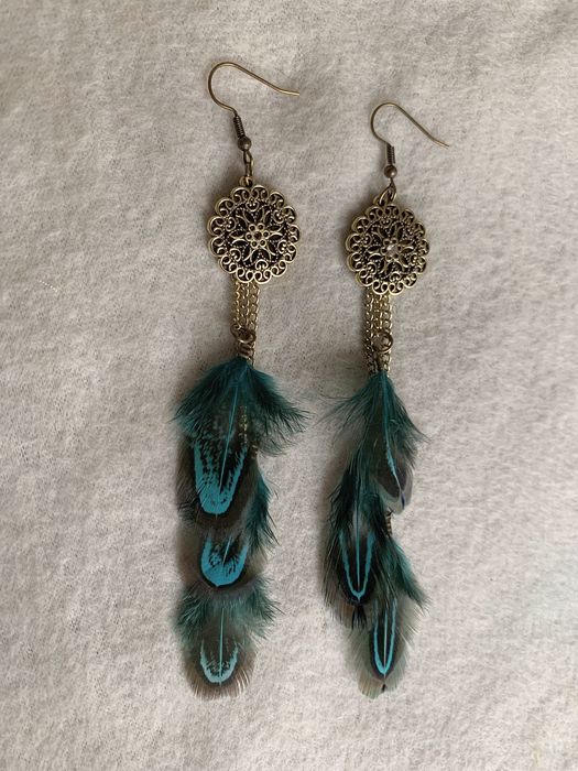 Kolczyki Ethnic Bohemian - długie łańcuszek i Pióra, Turkus/Turquoise