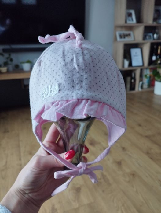 Czapka niemowlęca różowa 42cm, czapeczka wiązana 68cm