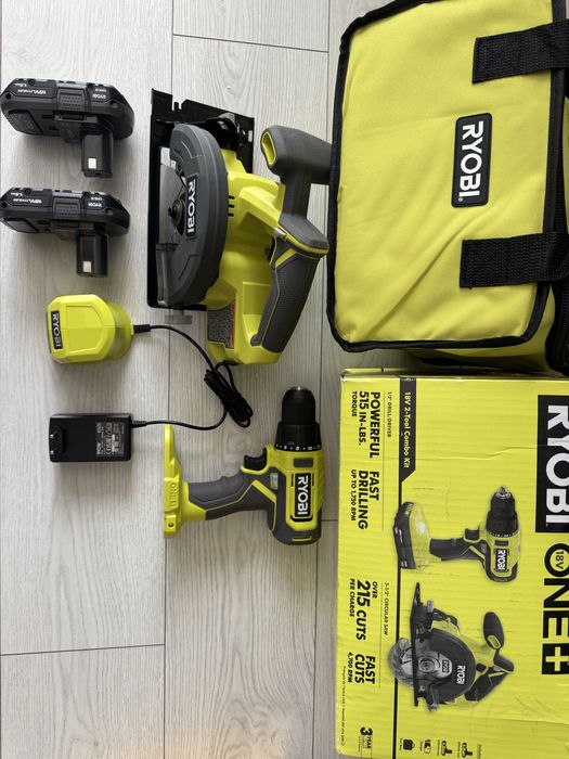Zestaw RYOBi ONE+ 18V piła pilarka tarczowa akumulatorowa wkrętarka 2x bateria 1.5Ah ładowarka