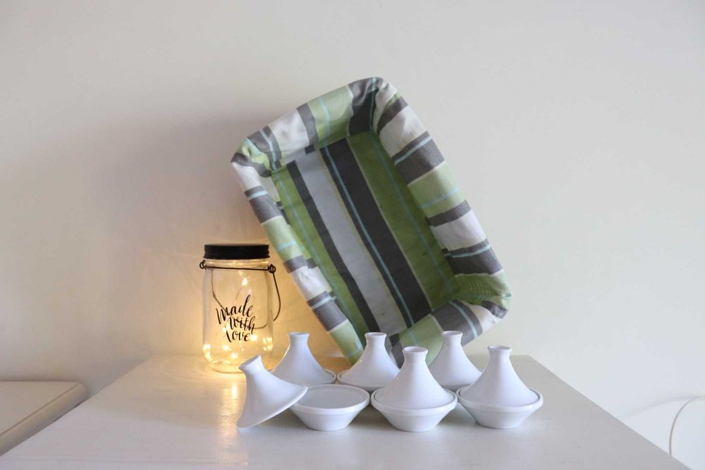 Conjunto de Pratinhos de Loiça, Cestinho e Lanterna Decorativa LED