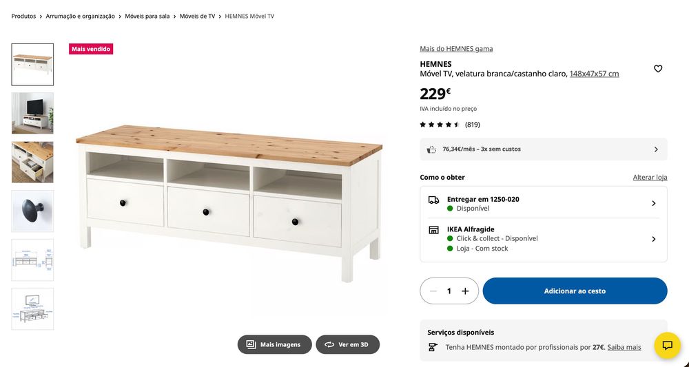 Móvel TV, madeira maciça, 148x47x57 cm. Hemnes Ikea