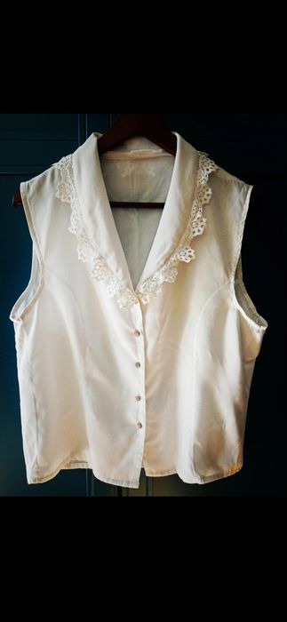 Biała koszula bluzka bez rękawów biała koronkowy duży kołnierz
