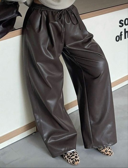 Шкіряні штани шоколадні плюс сайз