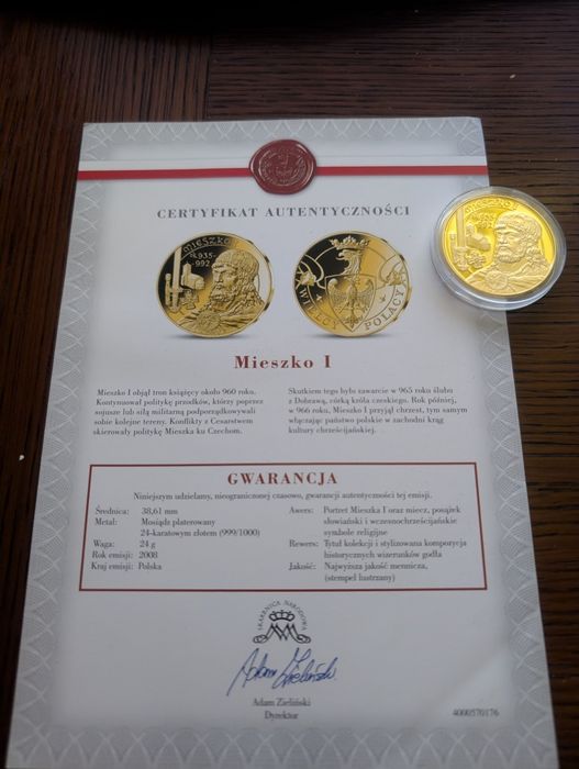 Moneta kolekcjonerska Skarbnica narodowa Mieszko I certyfikat