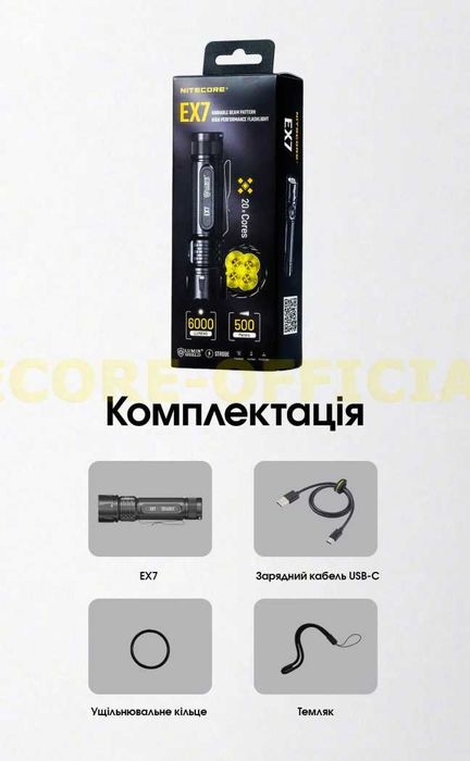 Ручний ліхтар, що фокусується з торцевим магнітом Nitecore EX7 (USB-C)