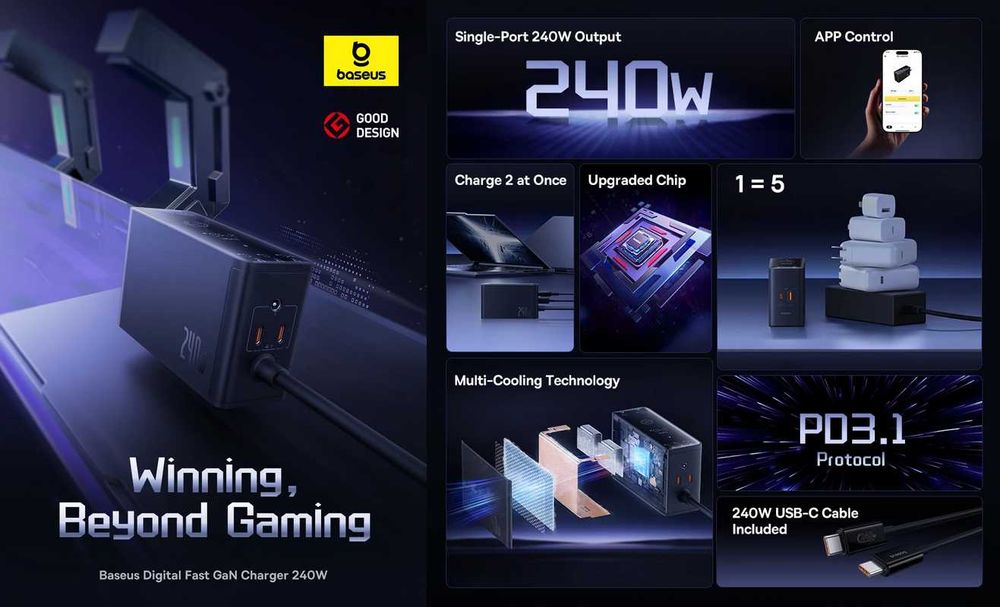 Зарядний пристрій BASEUS 240W Digital GaN Intelligent Desktop Charger