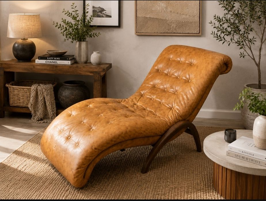 Cadeirão/Chaise Longue Vintage em Pele Sintética Camel