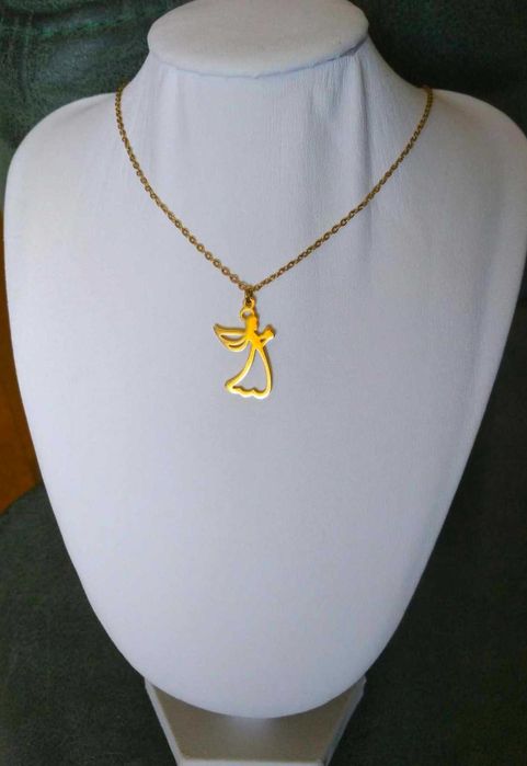 Colar Aço Dourado c/ Anjo de Lado NOVO