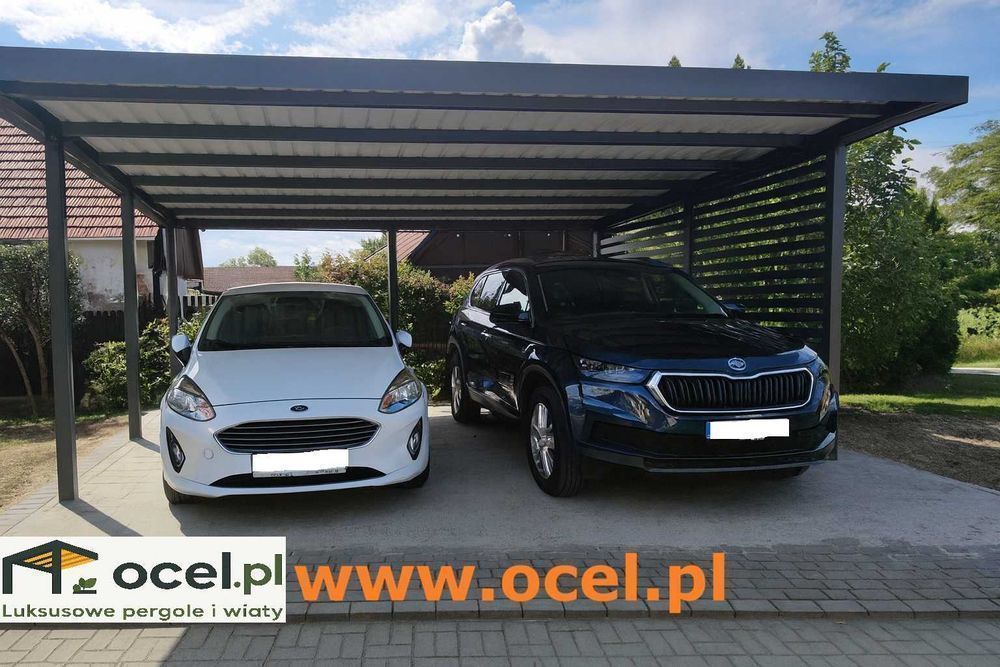 Carport wiata garażowa. Nowoczesny styl połączenia stali i drewna.