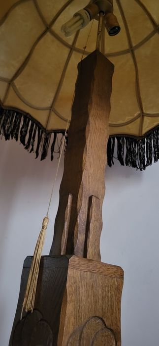 Stara lampa stojąca drewniana klosz skórzany zabytek antyk