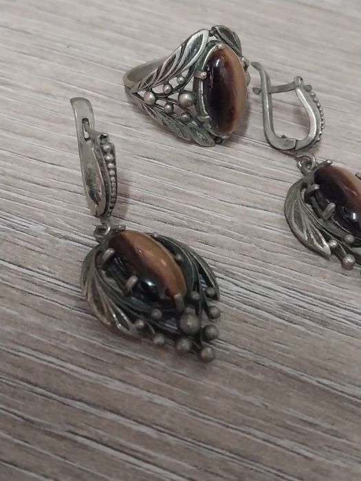Серьги и кольцо камень Тигровый глаз