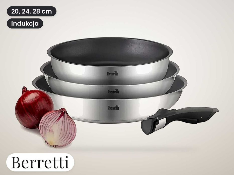 Zestaw patelni Berretti Comodo 20 24 28 cm odłączana rączka indukcja