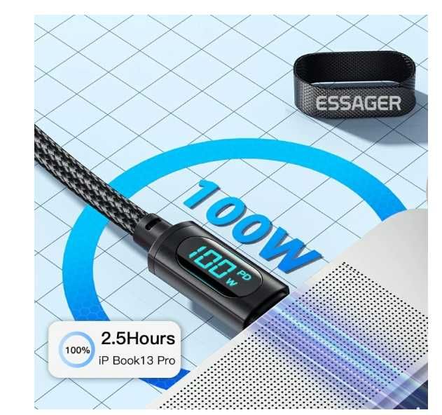 Кабель с экраном ESSAGER Type-C Type-C 100W 5А быстрая зарядка