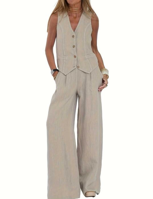 Костюм жіночий льняний жилет на гудзикахта штани палаццо