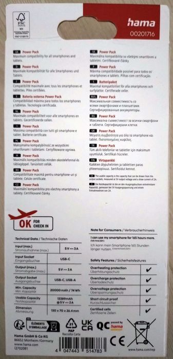 Powerbank HAMA Color 20 USB-C 20000 mAh Fast Charge  3A