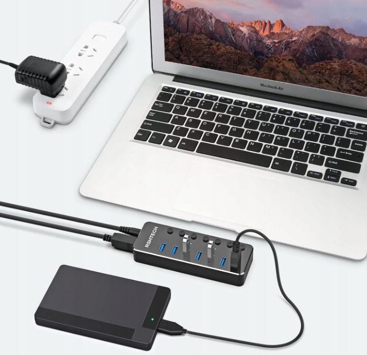 RSHTECH Hub USB 3.0 z 10W Zasilacz Aluminiowy 7 portów USB POWYSTAWOWY