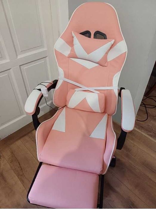 Fotel Gamingowy Różowy Obrotowy Biurkowy Krzesło Podnóżek Wygoda Masaż