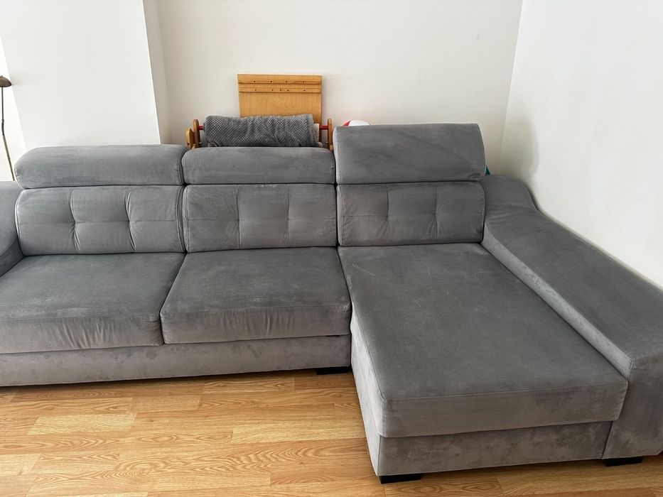 Sofá Chaise Longue Cinzento com Baú e Assentos Extensíveis