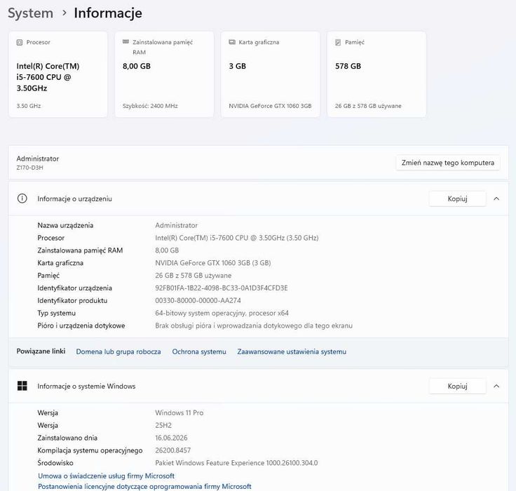 Komputer | Win 11 PRO | GTX 1060 | Core i5 7600 | 8gb DDR4 | SSD+HDD |