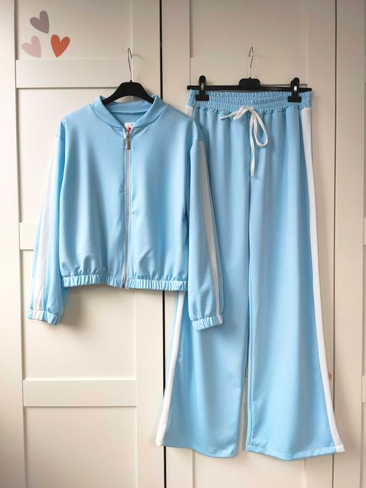 Komplet dres spodnie wide leg na wysokim stanie dzianina błękit M L