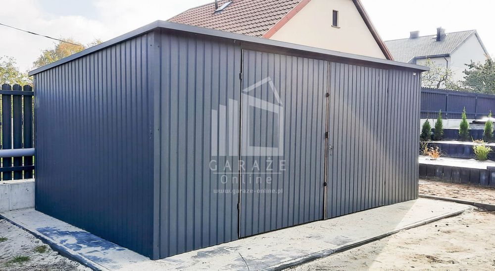 GARAŻ BLASZANY 6x5 spad tył - Brama - antracyt wolnostojący ID174