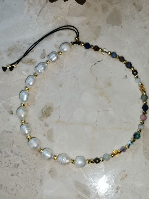 Bransoletka perły srebro kamienie misio nić jedwabna topaz  wodnik