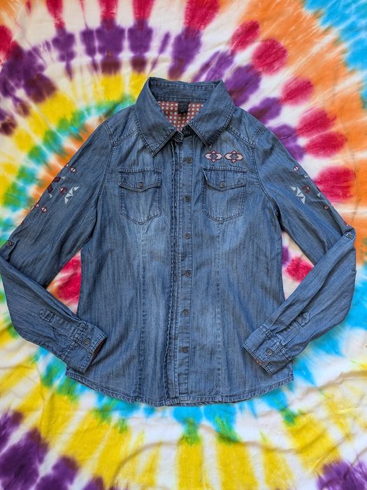 Рубашка з вишивкою, джинсова, для дівчинки. Р.152