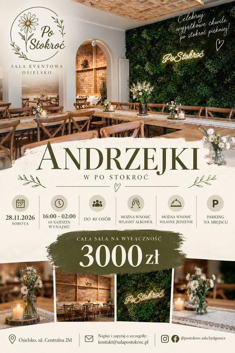 Andrzejki 2026 sala na wyłączność do 40 osób  Osielsko Bydgoszcz 
A początek opisu: