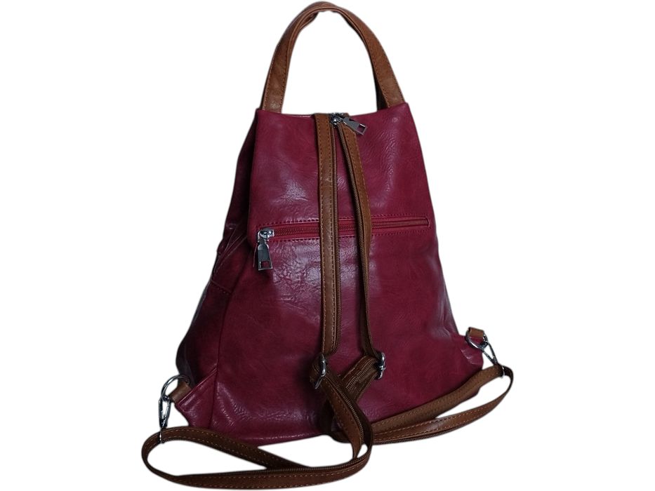 Modny Czerwony Worek Na Ramię - Plecak Damski, 6 Kieszeni, Ekoskóra