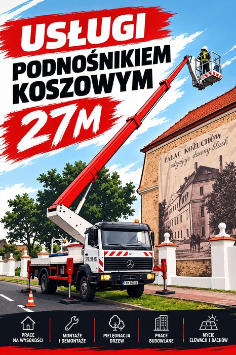 Podnośnik koszowy 27m  265kg zwyżka wynajem  z operatorem Żagań