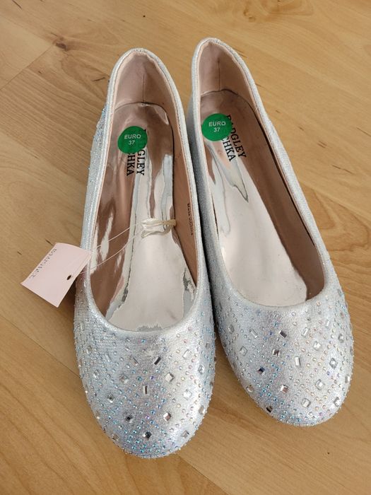Srebrne baleriny balerinki Badgley Mischka 37 krysztalki