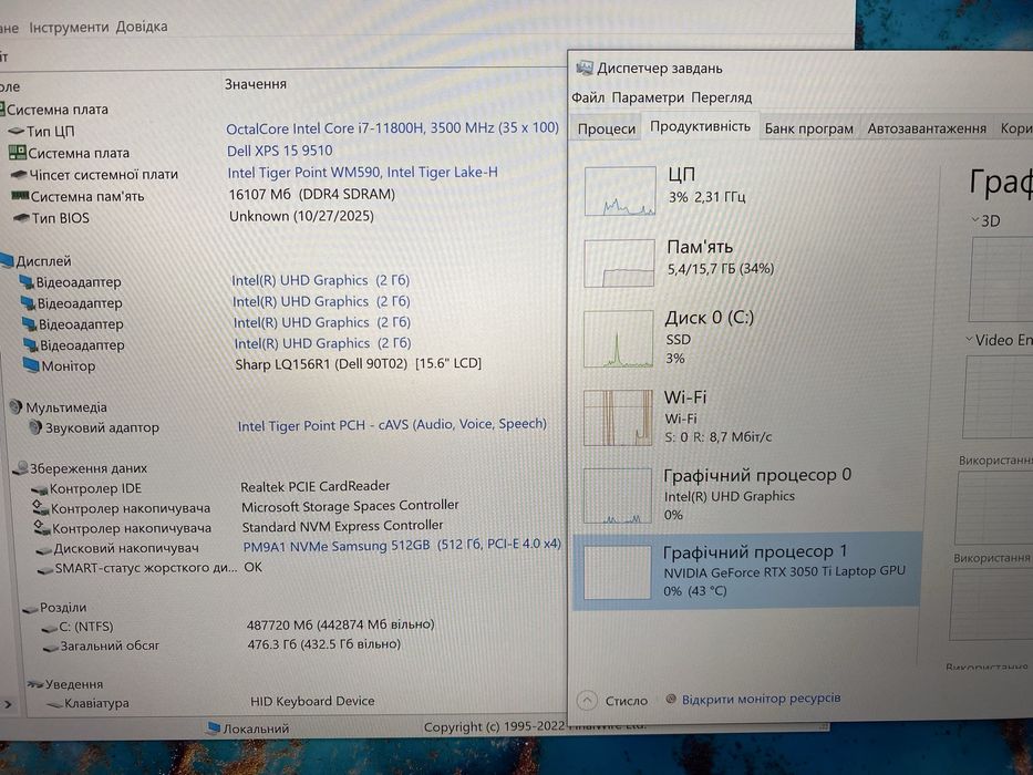Dell XPS 15 9510 і7-11800H 8ядер 16Gb 512Gb UHD+ 4k touch IPS 15,6” RTX3050 4GB