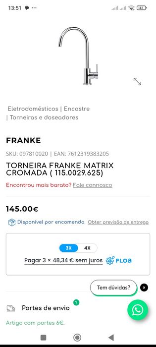 Torneira misturadora NOVA para cozinha da marca Franke
